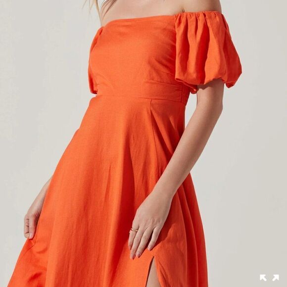 ASTR the Label Off Shoulder Puff Sleeve Midi Dress in Orange NWT Size xs - Picture 2 of 10